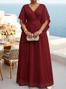 Fleurora Wine Red Plus Size Lace 3D Floral Spring/Summer Shiny Curve Dress For Wedding/Evening/Formal Banquet/Cocktail/Party/Graduation/Birthday Party And Other Formal Occasions Fashion Collection - Burgundy - View 8