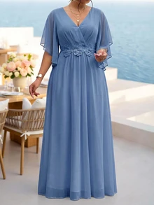 Fleurora Haze Blue Plus Size Lace 3D Floral Spring/Summer Shiny Curve Dress For Wedding/Evening Party/Formal Banquet/Cocktail/Party/Graduation/Birthday Party And Other Formal Occasions Fashion Collection - Dusty Blue - View 4