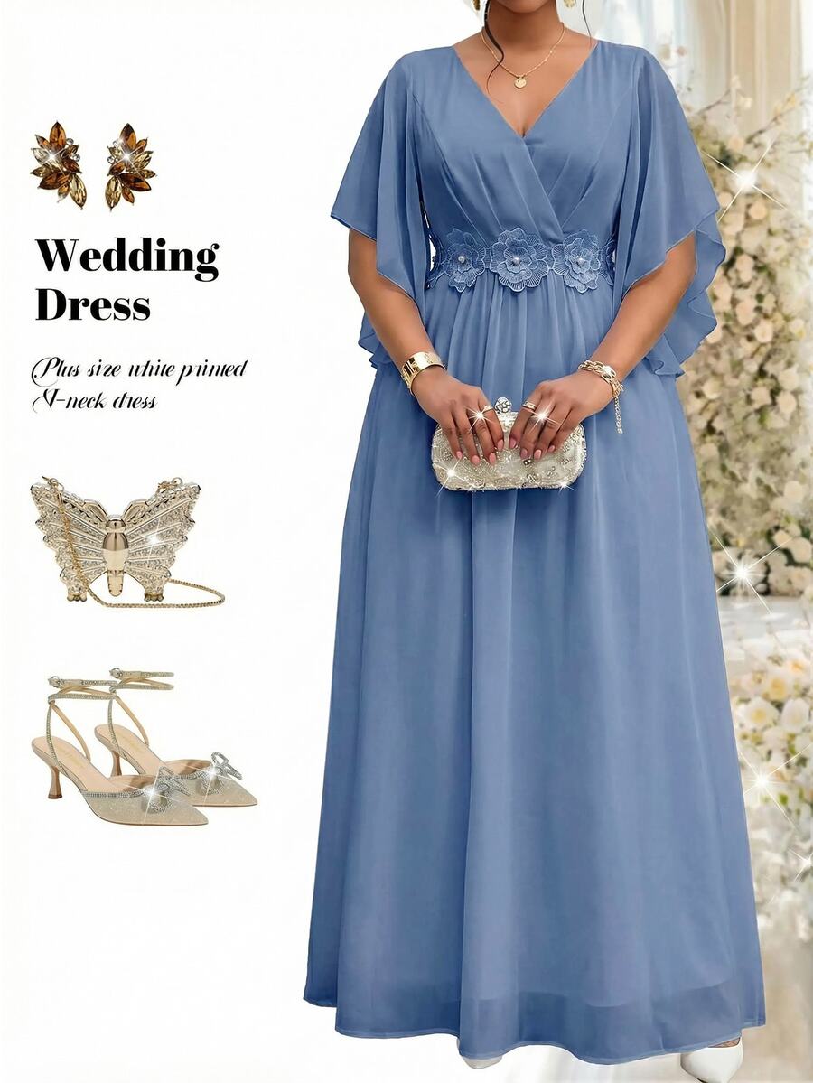 Fleurora Haze Blue Plus Size Lace 3D Floral Spring/Summer Shiny Curve Dress For Wedding/Evening Party/Formal Banquet/Cocktail/Party/Graduation/Birthday Party And Other Formal Occasions Fashion Collection