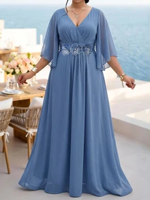 Fleurora Haze Blue Plus Size Lace 3D Floral Spring/Summer Shiny Curve Dress For Wedding/Evening Party/Formal Banquet/Cocktail/Party/Graduation/Birthday Party And Other Formal Occasions Fashion Collection - Dusty Blue - View 5
