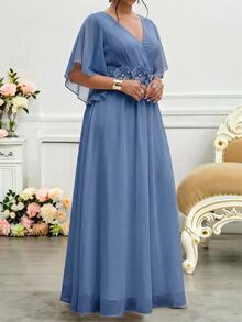Fleurora Haze Blue Plus Size Lace 3D Floral Spring/Summer Shiny Curve Dress For Wedding/Evening Party/Formal Banquet/Cocktail/Party/Graduation/Birthday Party And Other Formal Occasions Fashion Collection - Dusty Blue - View 7