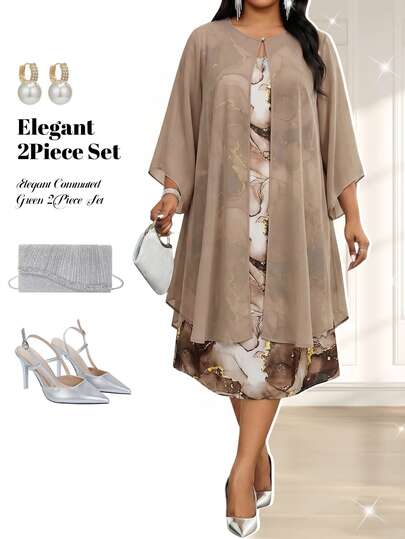 Fleurora Women's Khaki Sleeveless V Neck Abstract Print Knee Length Dress Formal Event Outfit Fall
