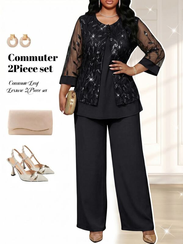 Fleurora Conjunto de 2 piezas elegante de talla grande para mujer, con top de malla con lentejuelas y mangas 3/4 y pantalones de pierna ancha, color negro