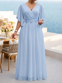 Fleurora Plus Size Blue Lace 3D Floral Dress, Spring/Summer Shiny Curve Dress For Wedding/Evening/Formal Banquet/Cocktail/Party/Graduation/Birthday Party And Other Formal Occasions, Fashion Series - Blue - View 3