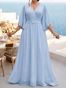 Fleurora Plus Size Blue Lace 3D Floral Dress, Spring/Summer Shiny Curve Dress For Wedding/Evening/Formal Banquet/Cocktail/Party/Graduation/Birthday Party And Other Formal Occasions, Fashion Series - Blue - View 4