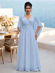 Fleurora Plus Size Blue Lace 3D Floral Dress, Spring/Summer Shiny Curve Dress For Wedding/Evening/Formal Banquet/Cocktail/Party/Graduation/Birthday Party And Other Formal Occasions, Fashion Series - Blue - View 5