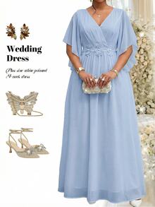 Fleurora Plus Size Blue Lace 3D Floral Dress, Spring/Summer Shiny Curve Dress For Wedding/Evening/Formal Banquet/Cocktail/Party/Graduation/Birthday Party And Other Formal Occasions, Fashion Series - Blue - View 1