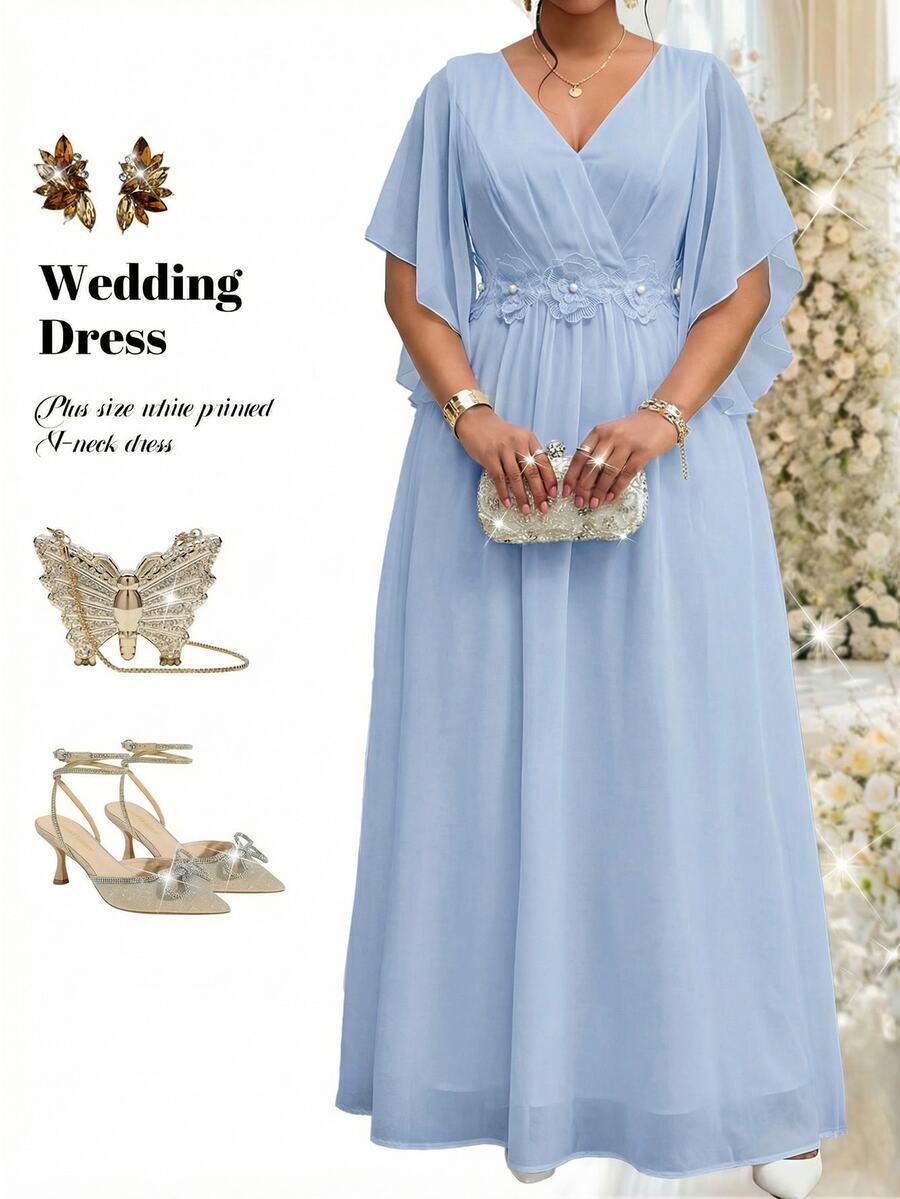 Fleurora Plus Size Blue Lace 3D Floral Dress, Spring/Summer Shiny Curve Dress For Wedding/Evening/Formal Banquet/Cocktail/Party/Graduation/Birthday Party And Other Formal Occasions, Fashion Series - Blue - View 1