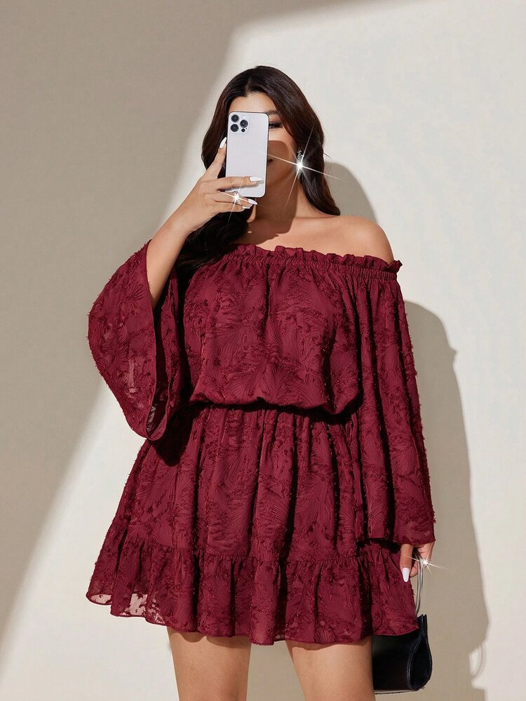 Viva Relle Plus Size Women's Red Textured Off-The-Shoulder Mesh Cinched Waist Ruffle Romper; Spring And Summer French Vacation Casual Outfit Dress Fall - Burgundy - View 4