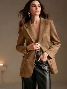Anewsta Essential Suede Long Sleeve Elegant Multi-Pocket Blazer - Camel - View 4