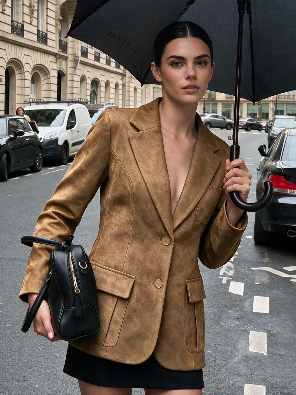 Anewsta Suede Long Sleeve Elegant Multi-Pocket Blazer