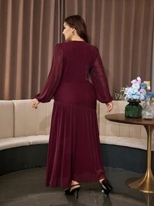 Modelyn Elegant Glamorous Mesh Shiny Thread Round Neck Long Sleeve Fitted Regular Fit Plus Size Dress For Spring And Autumn - Burgundy - View 3