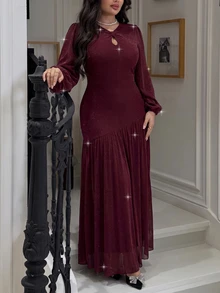 Modelyn Elegant Glamorous Mesh Shiny Thread Round Neck Long Sleeve Fitted Regular Fit Plus Size Dress For Spring And Autumn - Burgundy - View 2