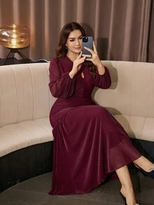 Modelyn Elegant Glamorous Mesh Shiny Thread Round Neck Long Sleeve Fitted Regular Fit Plus Size Dress For Spring And Autumn - Burgundy - View 5