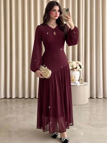 Modelyn Elegant Glamorous Mesh Shiny Thread Round Neck Long Sleeve Fitted Regular Fit Plus Size Dress For Spring And Autumn - Burgundy - View 4
