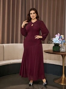 Modelyn Elegant Glamorous Mesh Shiny Thread Round Neck Long Sleeve Fitted Regular Fit Plus Size Dress For Spring And Autumn - Burgundy - View 7