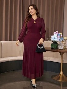 Modelyn Elegant Glamorous Mesh Shiny Thread Round Neck Long Sleeve Fitted Regular Fit Plus Size Dress For Spring And Autumn - Burgundy - View 8