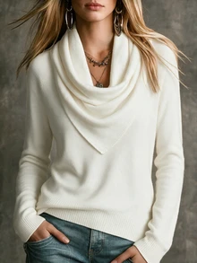 SHEIN Holidaya Women Draped Cowl Neck Knit Sweater, Autumn Slim Long Sleeve Basic Undershirt - White - View 3