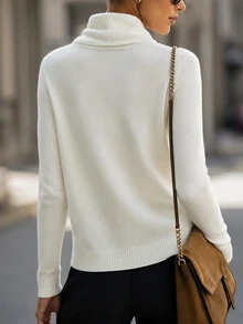 SHEIN Holidaya Women Draped Cowl Neck Knit Sweater, Autumn Slim Long Sleeve Basic Undershirt - White - View 2