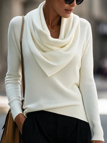 SHEIN Holidaya Women Draped Cowl Neck Knit Sweater, Autumn Slim Long Sleeve Basic Undershirt - White - View 9