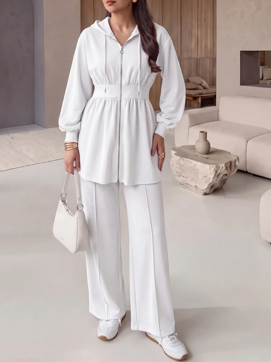 Seusyu Burgundy Slimming Zip-Up Hooded Casual Long Sleeve Jacket & Pants 2 Pieces Set For Women, Autumn/Winter - White - View 1