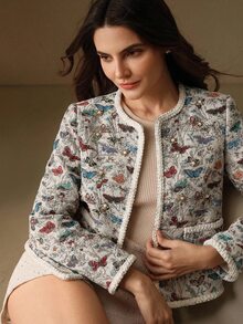 Anewsta 女款優雅浪漫開襟粗花呢外套，蝴蝶提花、珍珠裝飾、編織飾邊、口袋與長袖，適合秋冬穿著 - 灰色 - 查看 4