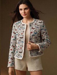 Anewsta 女款優雅浪漫開襟粗花呢外套，蝴蝶提花、珍珠裝飾、編織飾邊、口袋與長袖，適合秋冬穿著 - 灰色 - 查看 6