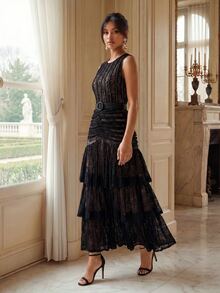 Anewsta Elegant Sleeveless Lace Layered Dress For Party - Black - View 3