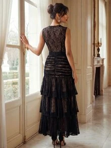 Anewsta Elegant Sleeveless Lace Layered Dress For Party - Black - View 6