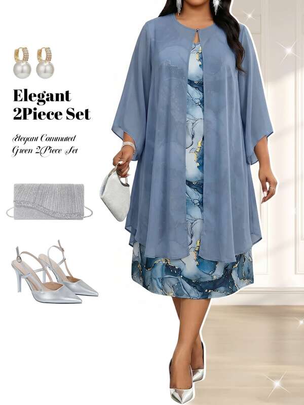 Fleurora Women's Light Blue Abstract Print V Neck Sleeveless Midi Casual Formal Elegant Autumn Dress Shawl Dining Wedding Evening Bussines Mother Of The Bride