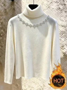 SHEIN Franclia New Winter Thermal Lined Versatile Round Neck Long Sleeve Women's T-Shirt - Beige - View 1