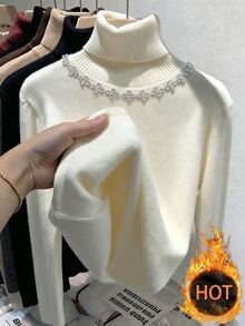 SHEIN Franclia New Winter Thermal Lined Versatile Round Neck Long Sleeve Women's T-Shirt - Beige - View 3