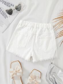 SHEIN Tween Girl Summer Boho Casual Solid Washed High Waist Solid Washed Ripped Denim Jeans Shorts With Frayed Hem And Distressed Pockets,Girls Summer Beach Vacation Baggy Shorts ,Summer Concert Festival Casual Rave , Girls Summer Brunch Graduation - White - View 2