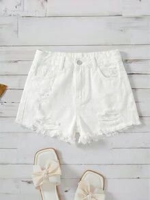 SHEIN Tween Girl Summer Boho Casual Solid Washed High Waist Solid Washed Ripped Denim Jeans Shorts With Frayed Hem And Distressed Pockets,Girls Summer Beach Vacation Baggy Shorts ,Summer Concert Festival Casual Rave , Girls Summer Brunch Graduation - White - View 6