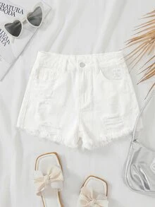 SHEIN Tween Girl Summer Boho Casual Solid Washed High Waist Solid Washed Ripped Denim Jeans Shorts With Frayed Hem And Distressed Pockets,Girls Summer Beach Vacation Baggy Shorts ,Summer Concert Festival Casual Rave , Girls Summer Brunch Graduation - White - View 1