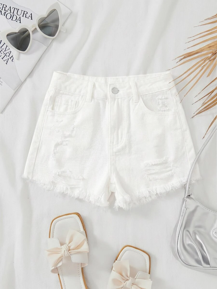 SHEIN Tween Girl Summer Boho Casual Solid Washed High Waist Solid Washed Ripped Denim Jeans Shorts With Frayed Hem And Distressed Pockets,Girls Summer Beach Vacation Baggy Shorts ,Summer Concert Festival Casual Rave , Girls Summer Brunch Graduation - White - View 1
