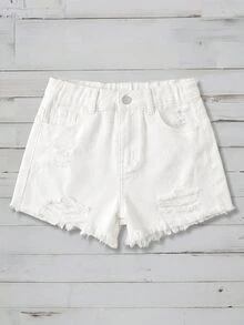 SHEIN Tween Girl Summer Boho Casual Solid Washed High Waist Solid Washed Ripped Denim Jeans Shorts With Frayed Hem And Distressed Pockets,Girls Summer Beach Vacation Baggy Shorts ,Summer Concert Festival Casual Rave , Girls Summer Brunch Graduation - White - View 5