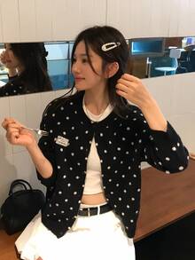 DAZY Women's Round Neck Polka Dot Contrast Color Long Sleeve Cardigan Fall Vacation - Black - View 7