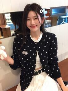 DAZY Women's Round Neck Polka Dot Contrast Color Long Sleeve Cardigan Fall Vacation - Black - View 4