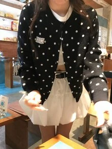 DAZY Women's Round Neck Polka Dot Contrast Color Long Sleeve Cardigan Fall Vacation - Black - View 5