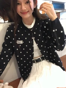 DAZY Women's Round Neck Polka Dot Contrast Color Long Sleeve Cardigan Fall Vacation - Black - View 6