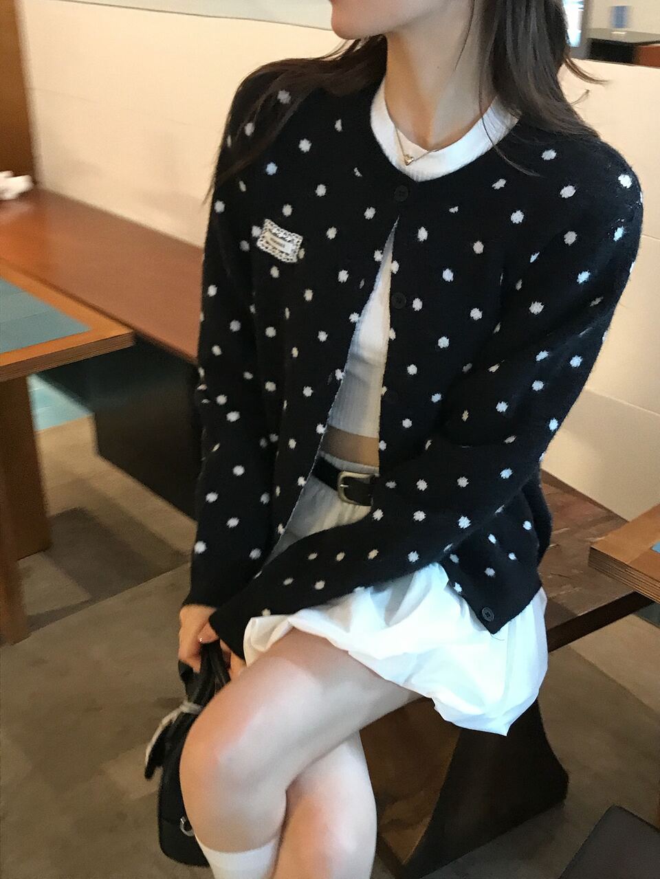 Women's Round Neck Polka Dot Contrast Color Long Sleeve Cardigan Fall