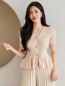 DAZY Button Front Ruffle Hem Cardigan Fall Vacation - Apricot - View 4