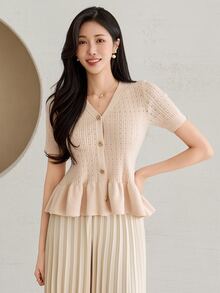 DAZY Button Front Ruffle Hem Cardigan Fall Vacation - Apricot - View 6