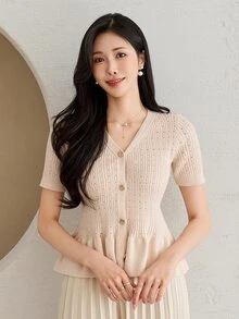 DAZY Button Front Ruffle Hem Cardigan Fall Vacation - Apricot - View 5