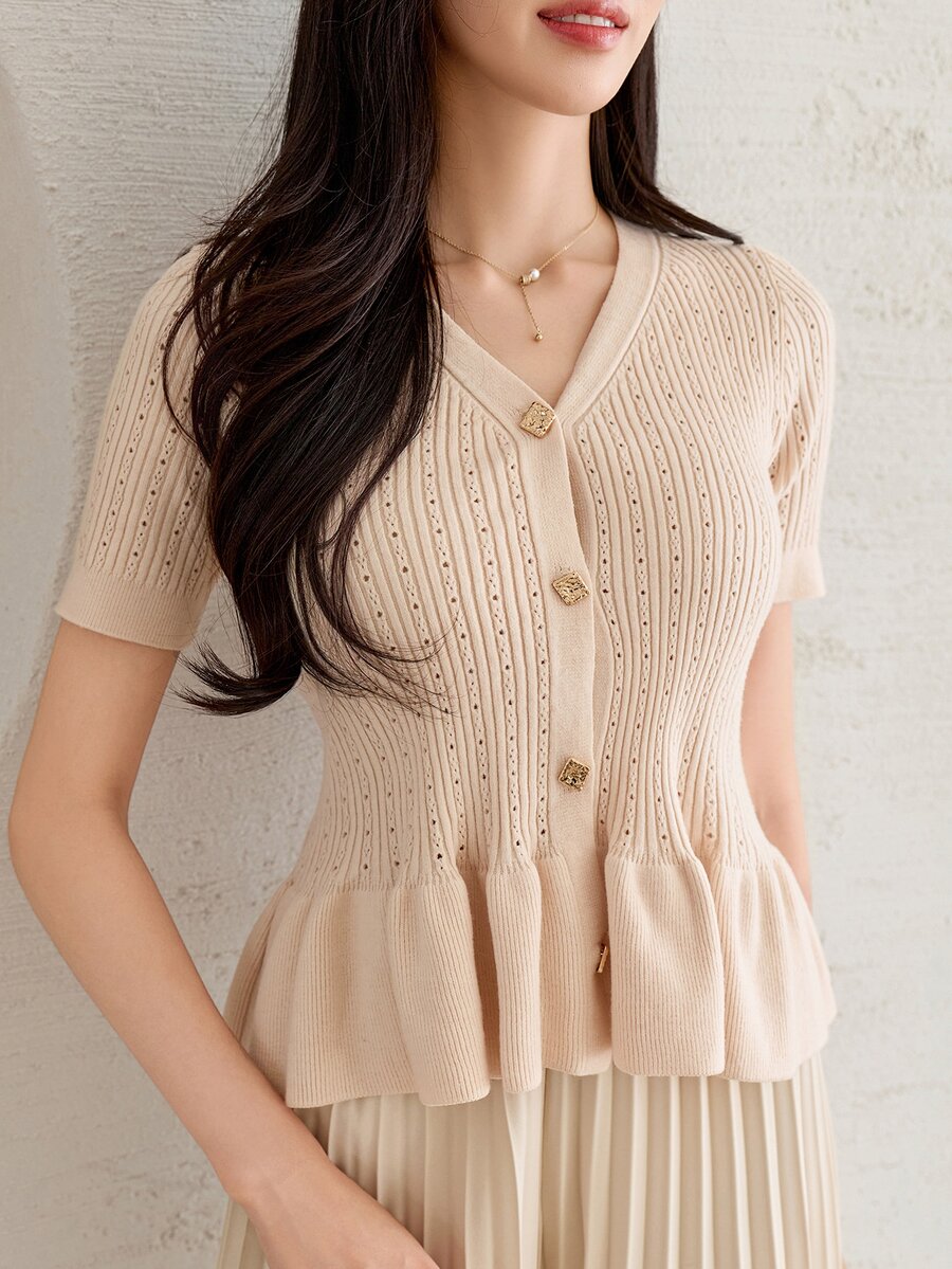 DAZY Button Front Ruffle Hem Cardigan Fall Vacation - Apricot - View 1