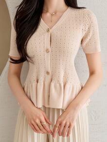 DAZY Button Front Ruffle Hem Cardigan Fall Vacation - Apricot - View 7
