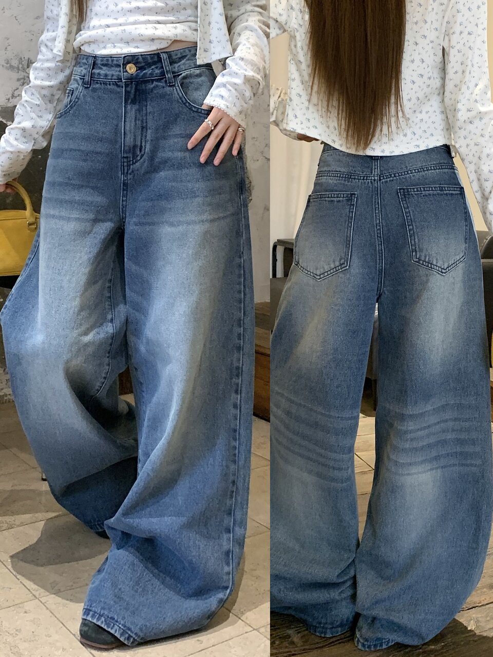 Women's Casual Daily Wear Wide Leg Denim Jeans With Pocket And Button Fall