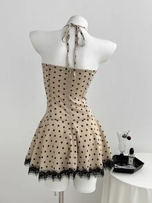 Elamini Women's Autumn/Winter Apricot Polka Dot Print Lace Patchwork Mini Dress, V-Neck Halter Tie Back Open Back Ruffle Hem Slim Fit A-Line Vintage Preppy Elegant Cute Romantic Casual Daily Outing Date Versatile - Apricot - View 2