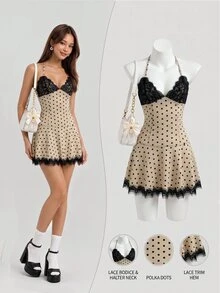 Elamini Women's Autumn/Winter Apricot Polka Dot Print Lace Patchwork Mini Dress, V-Neck Halter Tie Back Open Back Ruffle Hem Slim Fit A-Line Vintage Preppy Elegant Cute Romantic Casual Daily Outing Date Versatile - Apricot - View 1